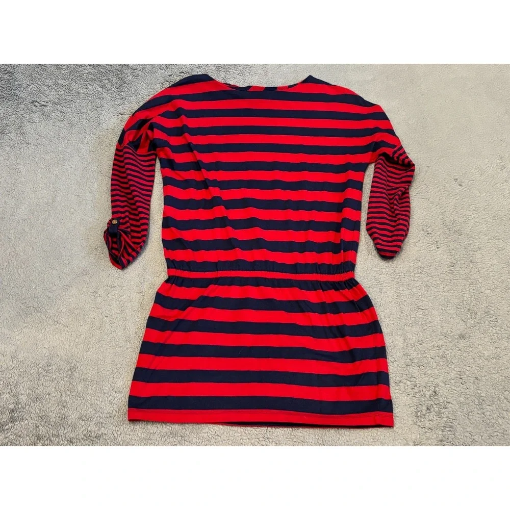VTG Ralph Lauren Girls Shirt Dress Size L 12-14 Red Blue Striped Elastic Waist